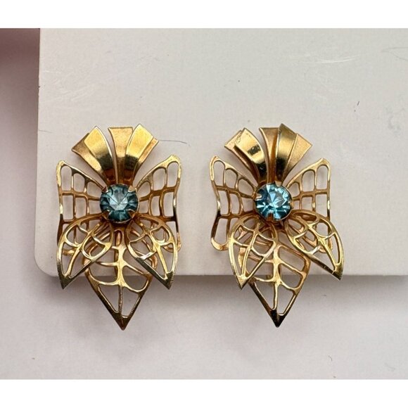 Prestige Blue Rhinestone Gold Tone Earrings Bow Screw Back Ornate Filagree Vtg - Picture 6 of 7